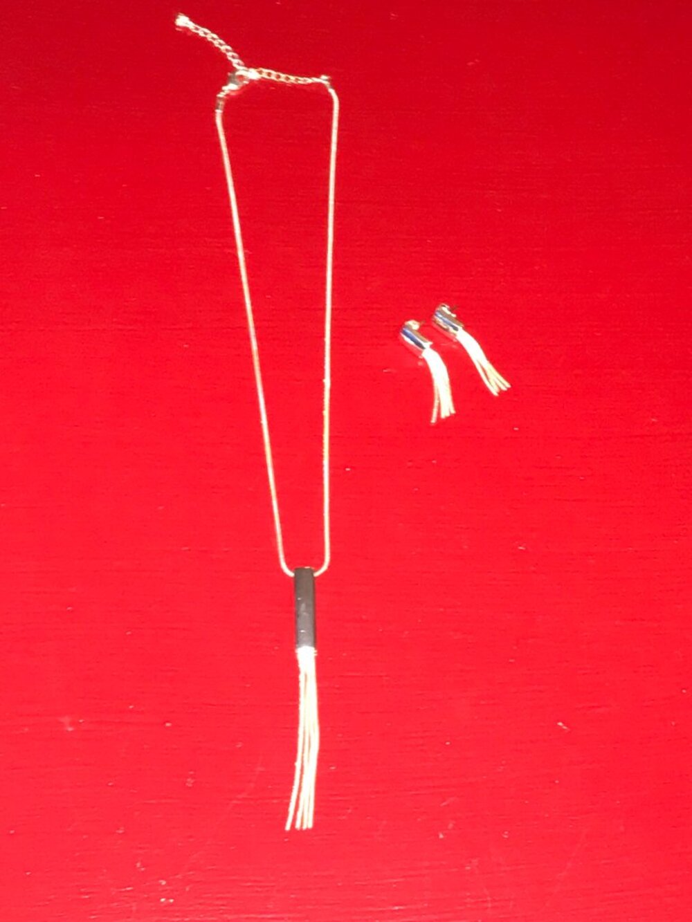 Vintage Silver Snake Chain with Drop Tassel Pendant and Matching Tassel Earrings